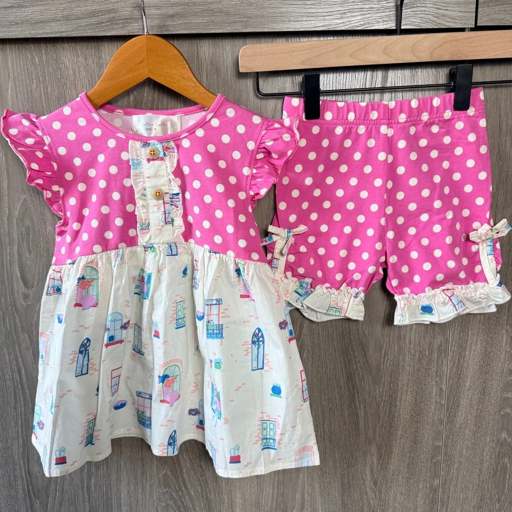 Cotton Castle Platinum Balcony Tunic Shorts Set Sz 4 Pink Polka Dot Boutique NEW